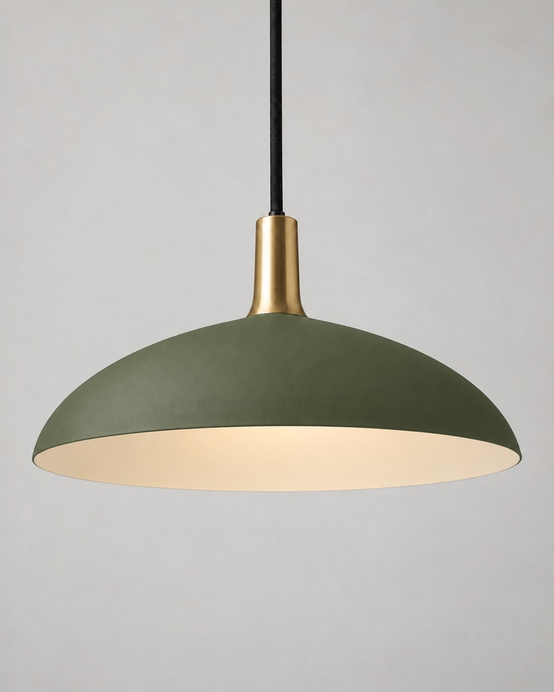 Forma pendant light in olive with a brass neck and black suspension cord