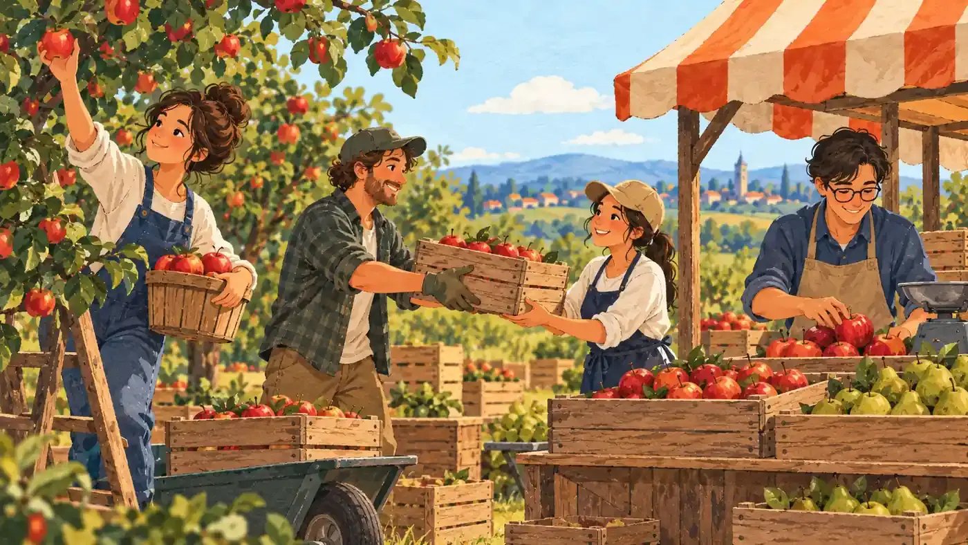 Team harvesting apples and selling fruit at a market stall