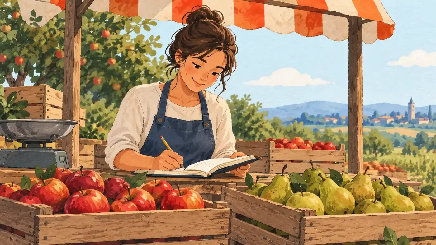 Fruit seller recording sales in a notebook at a market stall