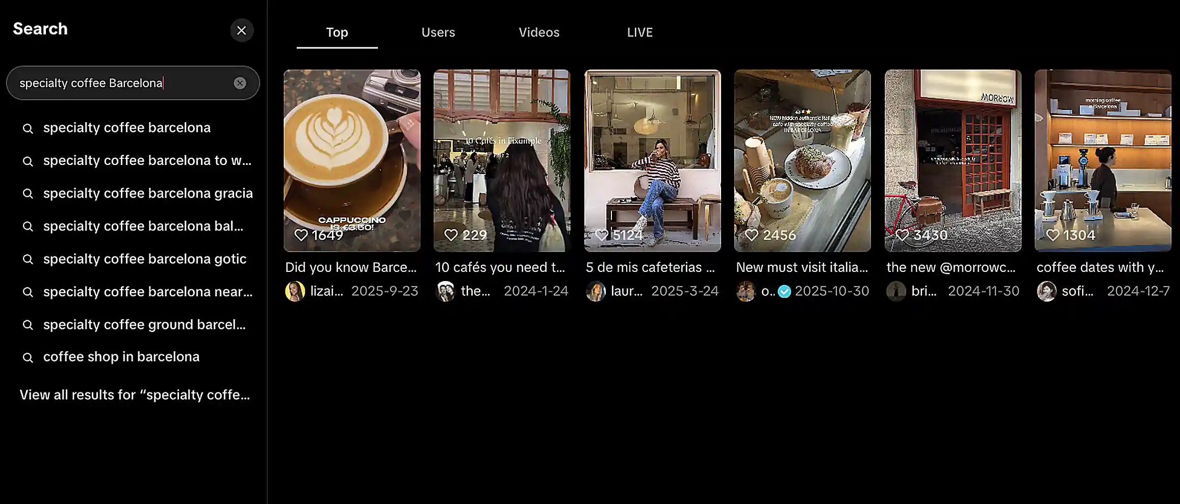 Tiktok search results for "specialty coffee in Barcelona"