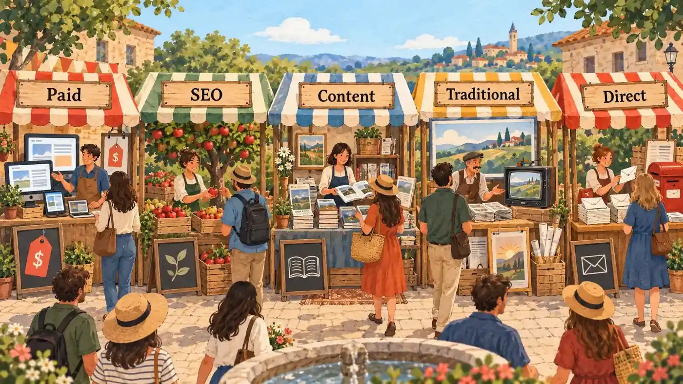 Market square with paid, SEO, content, traditional and direct marketing stalls