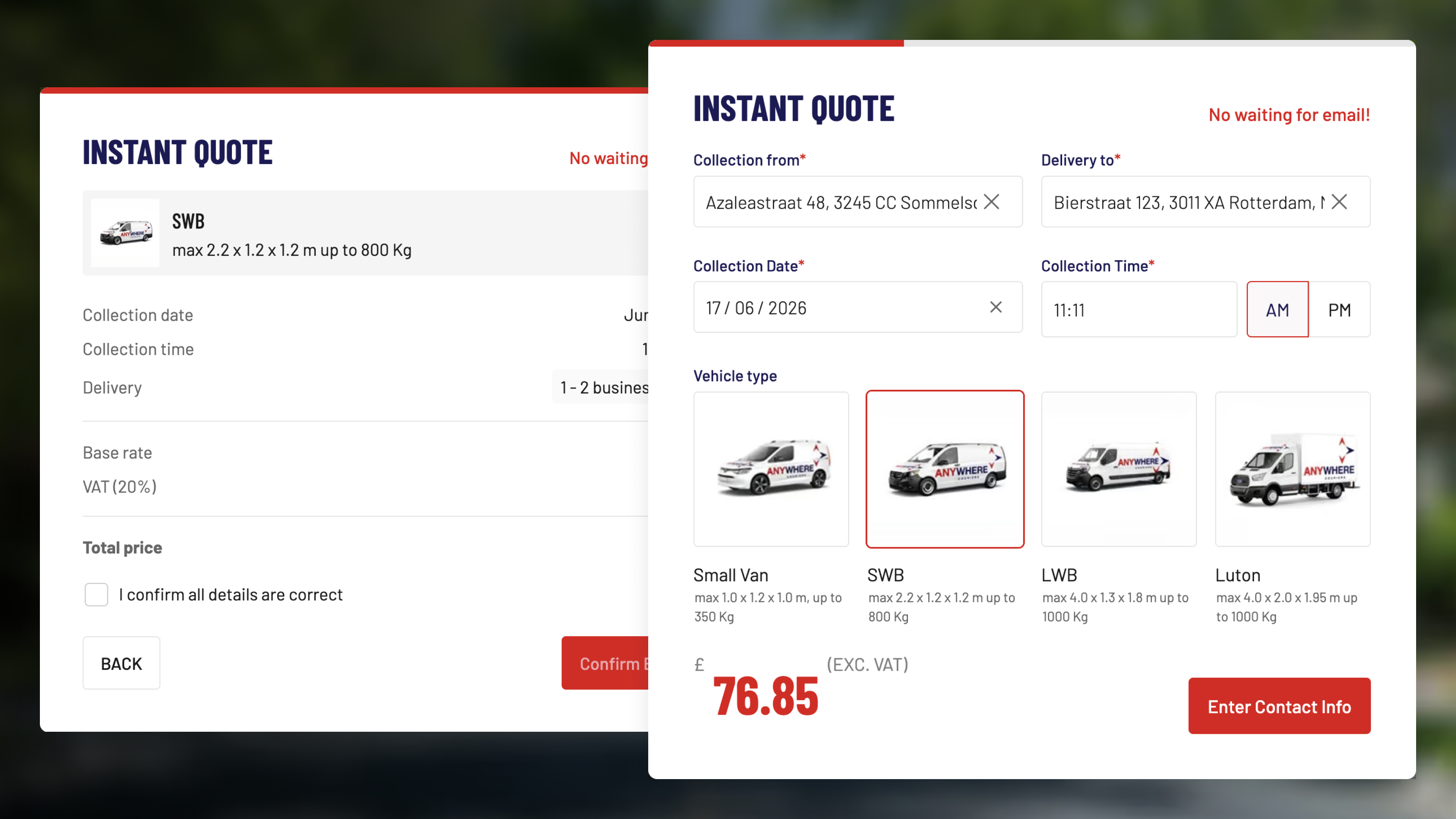 Courier Instant Quote Form preview screenshot