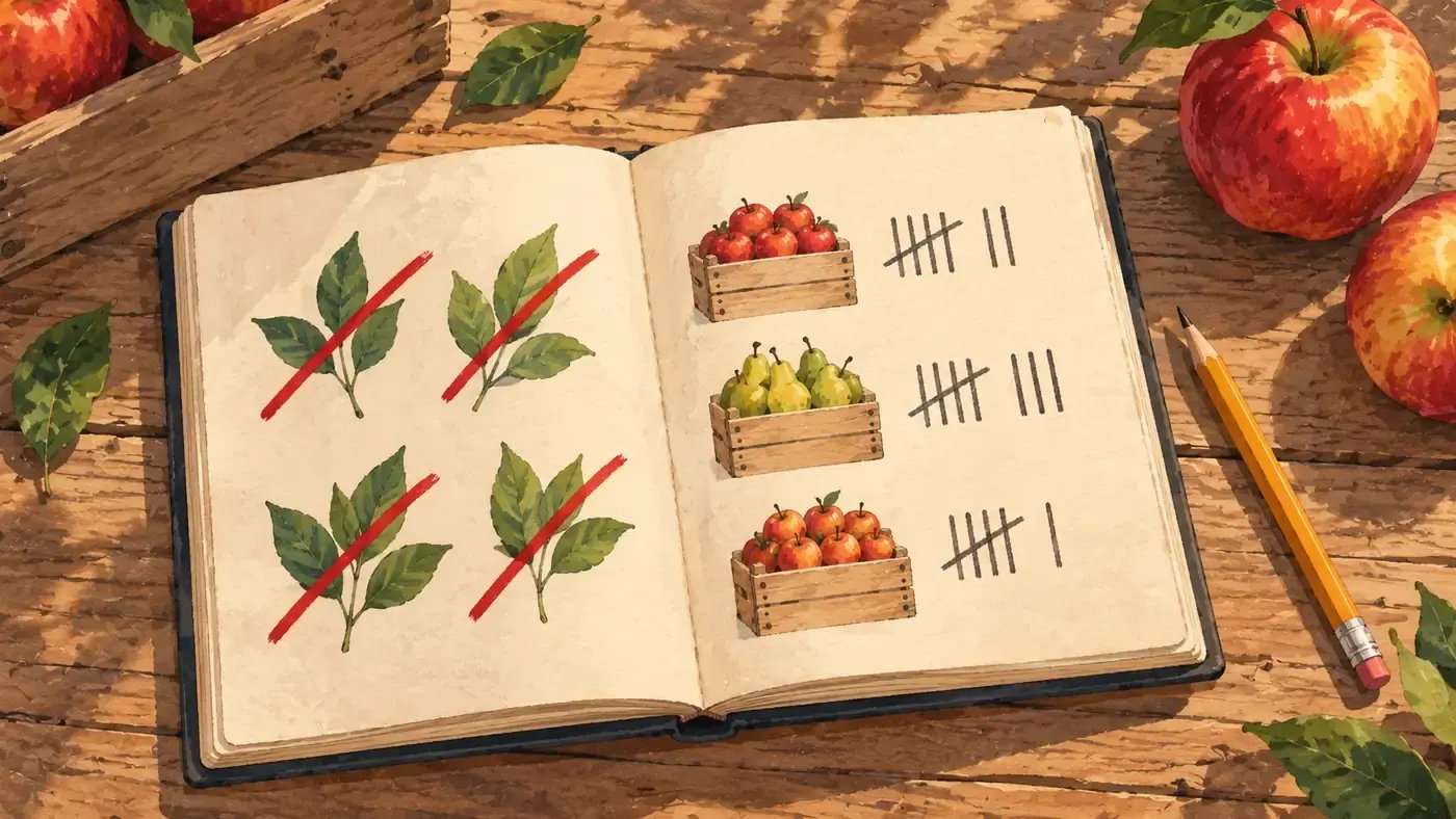 Notebook measuring harvested crates instead of leaves