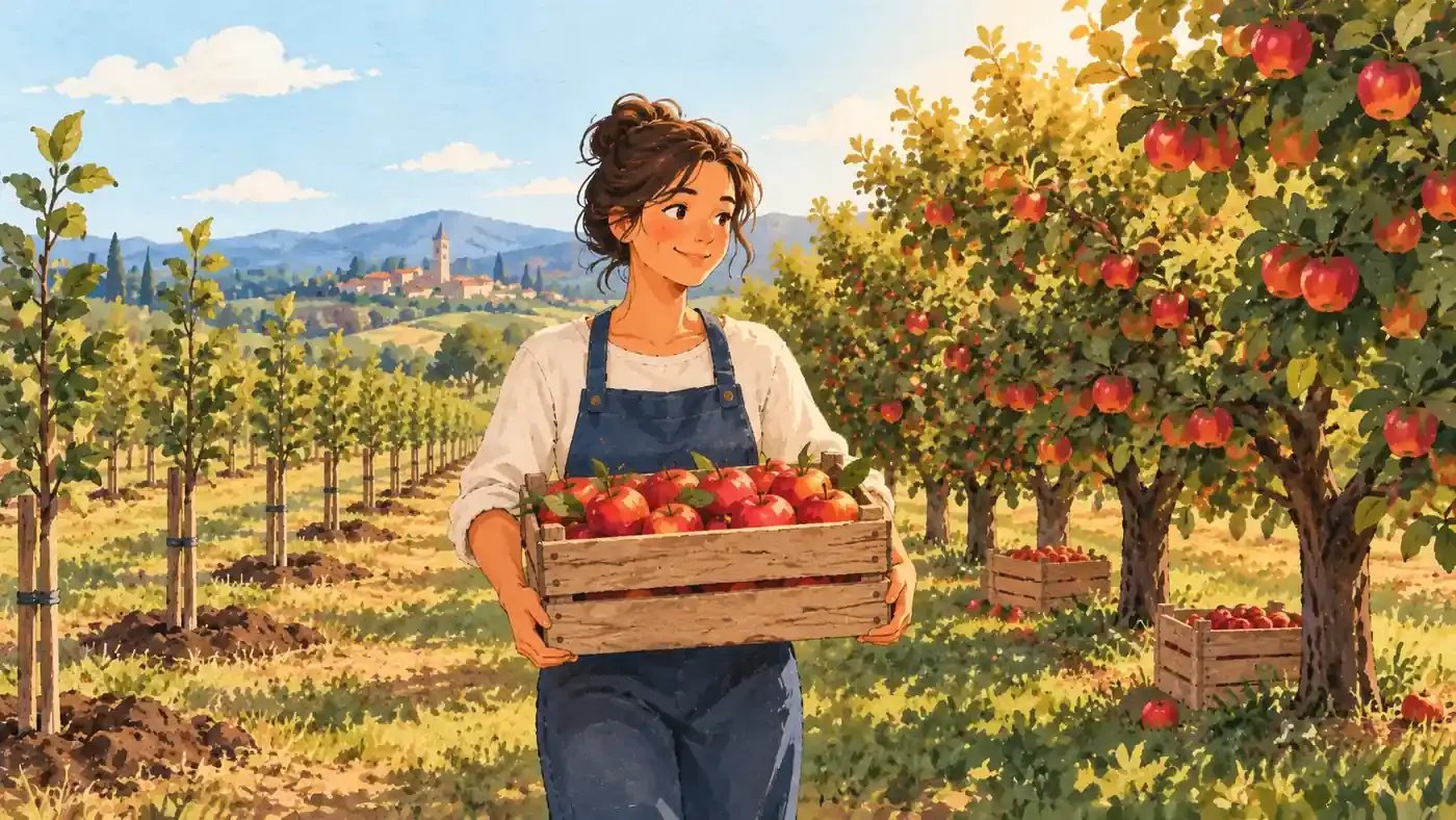 Fruit grower carrying harvested apples between young and mature orchard trees